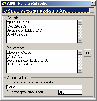 Vlastník, provozovatel a vodoprávní úřad Informace o vlastníkovi jsou v aktuální verzi programu je automaticky vyplněny dle prvního zadaného (primárního) majetku provozního celku.