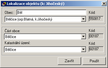 4.7 POMOCNÉ DIALOGY 4.7.1 Dialog Lokalizace objektu Dialog umožňuje na základě databáze kódů "Základní územní identifikace" vybrat obec, na jejímž území objekt leží (seznam obcí je omezen podle kódu vodoprávního úřadu).