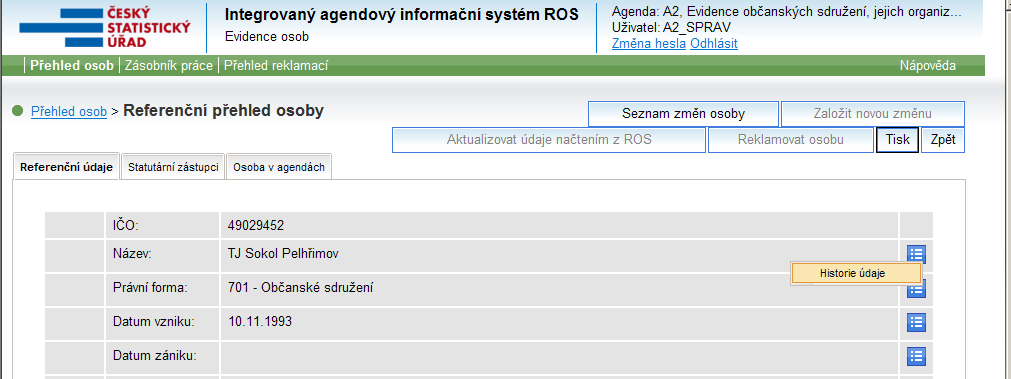 3. Zobrazí se obrazovka s referenčními údaji osoby včetně údajů, které byly získány z ROB, RUIAN a sekundárních editorů ROS (datové schránky a právní stav).