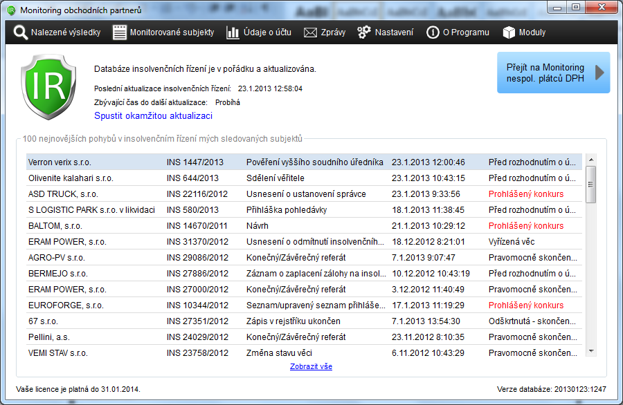 Část monitoring insolvenčního rejstříku 2. Hlavní okno Zde si přiblížíme hlavní okno části monitoring insolvenčního rejstříku (viz. Obr.
