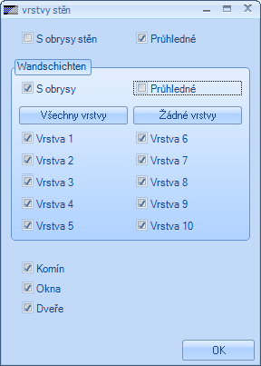 Popis funkce Manuálně zapnout/vypnout: Pokud byly stavební dílce vypnuty pomocí kontextového menu (Vybrat Skrýt), lze je zde zobrazit a vypnout.