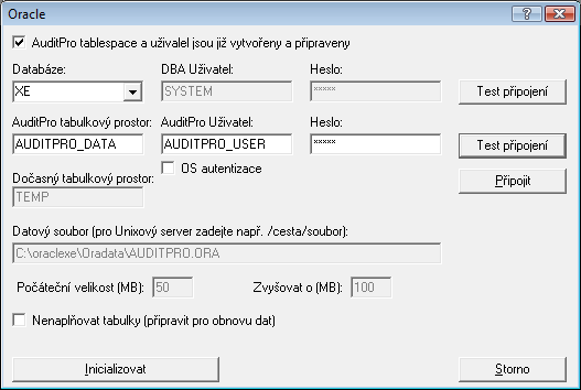 70 2. Naplnění tablespace tabulkami a procedurami pomocí Auditpro 3. Ruční donastavení práv pomocí scriptu a std. nástrojů Oracle: GRANT EXECUTE ON %USER%.