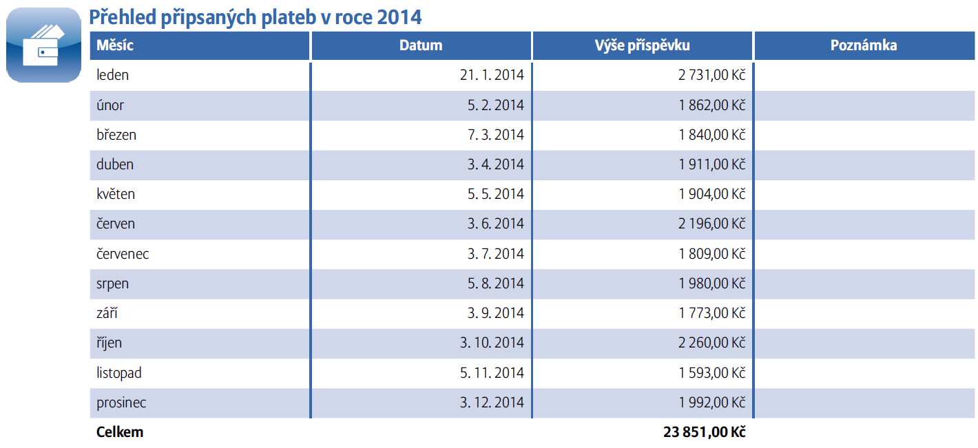 13 řádků (leden až prosinec, celkem). V rámci jednoho měsíce může být řádků více v případě, kdy bylo v jednom měsíci připsáno více plateb stejného typu.