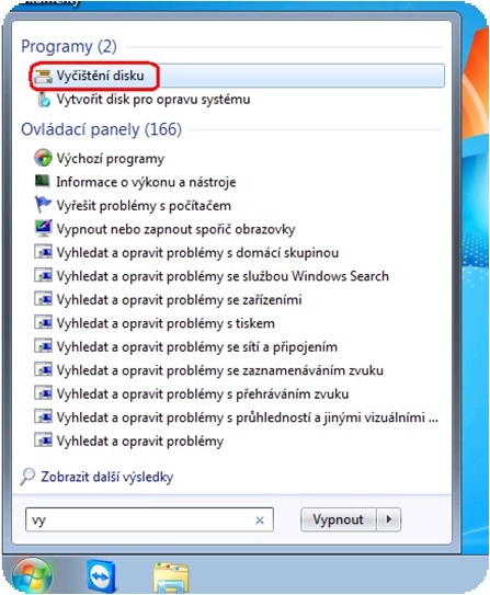 4. Vyčištění disku 4.1. Spuštění spusťte nástroj vyčištění disku. 4.1.1. Pomocí lišty start spusťte nástroj Vyčištění disku. 4.2.