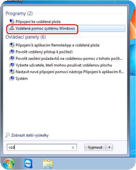 6. Vzdálená pomoc 6.1. Spuštění - spusťte nástroj vzdálené pomocí a podívejte se na jeho možnosti. 6.1.1. Lištou start otevřete Vzdálenou pomoc.