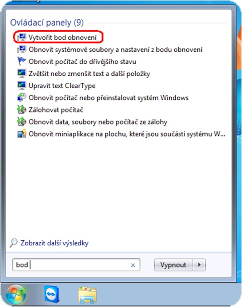 8. Obnovení systému 8.1. Vytvoření bodu vytvořte svůj bod obnovení systému. 8.1.1. Do lišty Start napište slovo bod. 8.1.2.