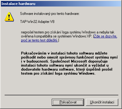Systém varuje před instalaci ovladače pro virtuální rozhraní, které nezískalo logo firmy Microsoft, instalace tohoto ovladače je pro funkčnost OpenVPN nezbytně nutná, proto nemůže být vynechána a je