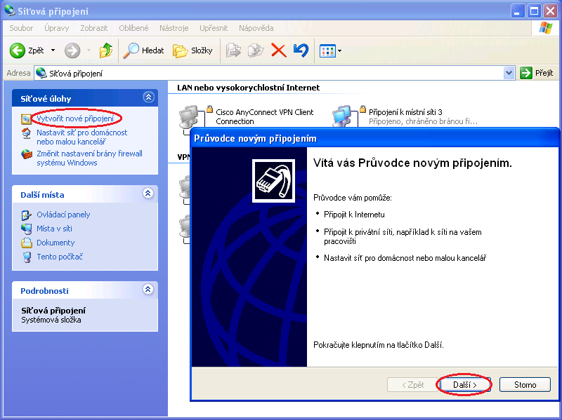 2.2. Konfigurace VPN na Windows XP Otevřete Start/Nastavení/Ovládácí panely/síťová