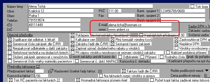 Doplnění e-mailové adresy a internetových www stránek mezi údaje tištěné na fakturách Pokud si v Parametrech doplníte