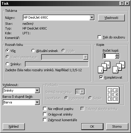 1.13 Tisk prezentace Prezentaci můžete použít buď v elektronické podobě, nebo ji lze vytisknout. Při vytištění dokumentu je třeba mít nainstalovanou alespoň jednu tiskárnu.