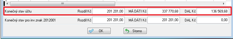 Ve spodní části okna inventarizace jsou pak údaje pro konečný stav účtů ( tento by se měl rovnat sumě nevyrovnaných dokladů v knize pohledávek ( závazků): a také pro konkrétní inventární znak: pokud