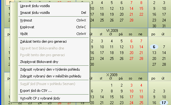 Možností úpravy či smazání jízdy je pomocí kontextové nabídky. Kontextovou nabídku vyvoláte kliknutím pravého tlačítka myši do na libovolné místo v oknech náhledů nebo v okně Seznam.