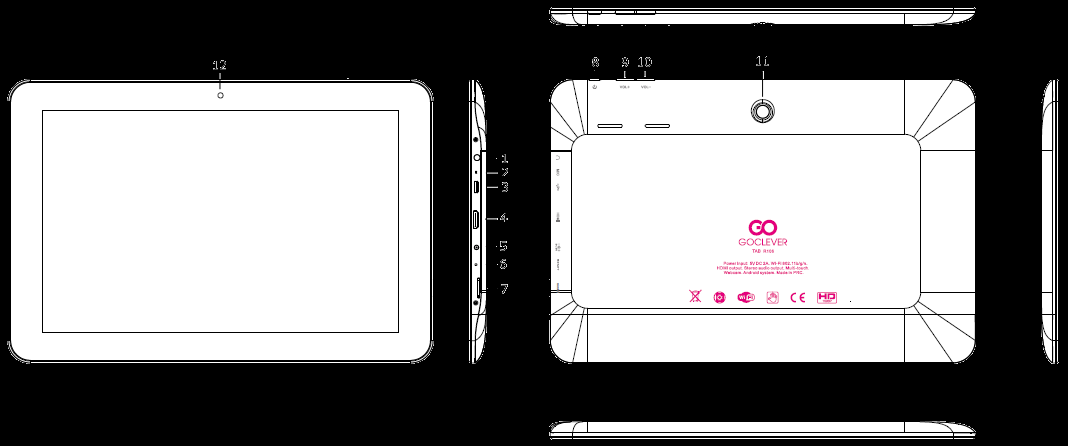 Schéma zařízení 1. Konektor výstupu zvuku 3,5 mm 7. Štěrbina pro paměťovou kartu micro SD 2. Mikrofon 8. Vypínač 3. USB port 9. Hlasitost + (zvýšení) 4. HDMI port 10. Hlasitost (snížení) 5.