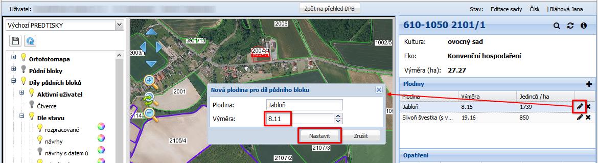 Rozdíly ve výměrách ovocných dřevin (červená a oranžová čísla) proti výměře DPB je nutné dorovnat v detailu DPB. Import dřevin z registru sadů se provádí automaticky při založené nové sady.