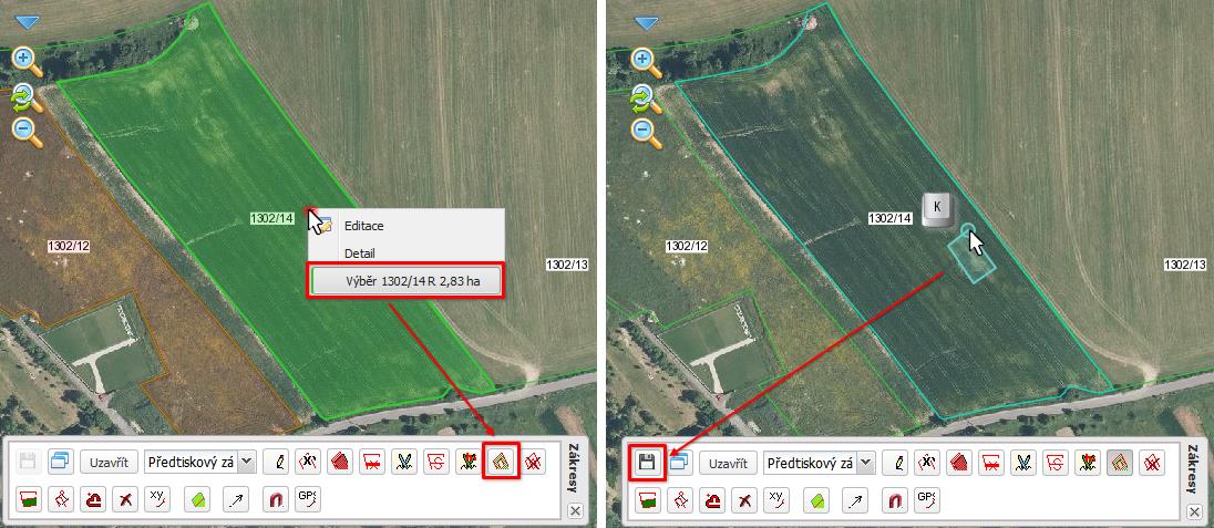 Přesně kreslete pouze uvnitř DPB a tam, kde má mít zákres shodnou hranici s DPB, kreslete s přesahem. Aktivujte nástroj Nový zákres kreslením a klikáním do mapy zakreslete do DPB deklarovanou plochu.