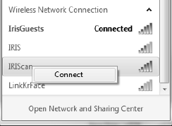 Připojení ke skeneru 1. Přejděte do síťových nastavení vašeho počítače/zařízení a povolte jeho funkce Wifi. 2. Vyhledejte síť IRIScan TM a připojte se k ní. Příklad ze systému Windows 3.