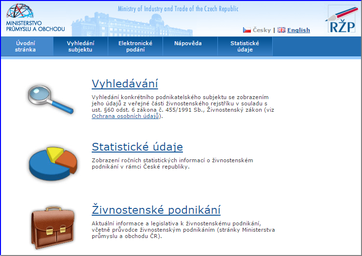 obchodu ČR. V nabídce máme vyhledávání, statistické údaje a živnostenské podnikání, viz obr. č.