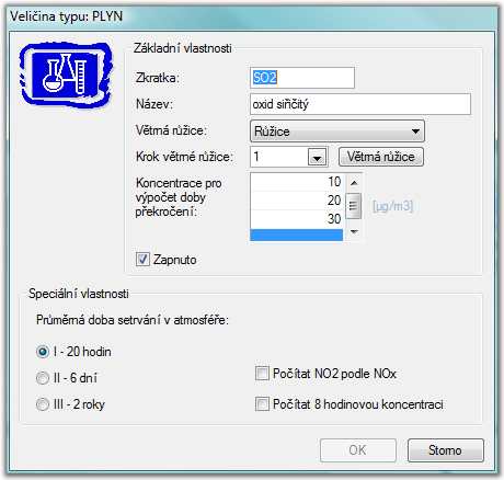 Speciální vlastnosti (plyn) Editace speciálních vlastností veličiny typu Plyn. Třída stability Udává stabilitu škodliviny v ovzduší.