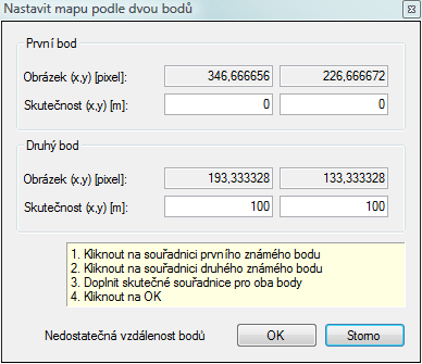 Stiskem levého tlačítka nad mapou vybereme souřadnici prvního a druhého bodu, doplníme skutečné souřadnice vybraných bodů a potvrdíme.