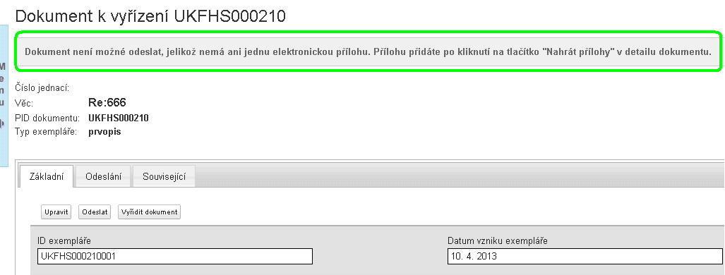 Vybraný adresát je zobrazen na záložce Odeslání a dokument je možné Odeslat (viz obrázek č. 15).