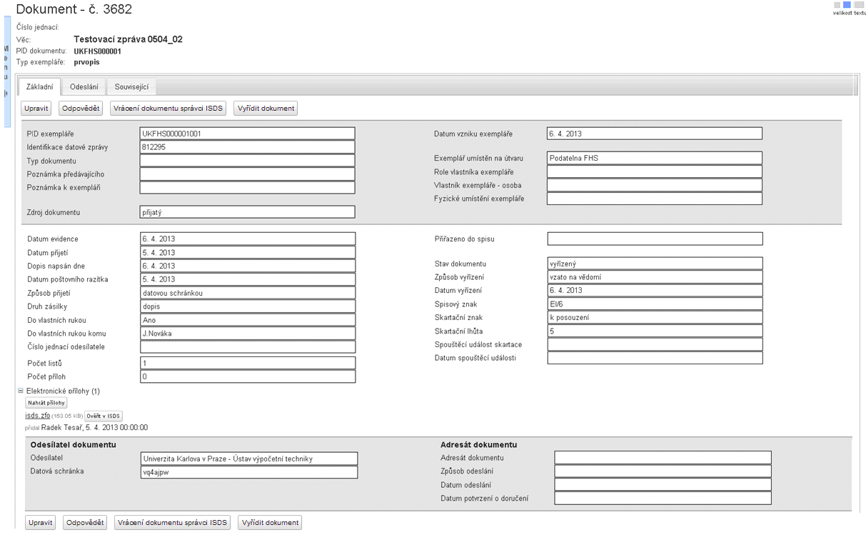 Checkboxy umístěné v prvním sloupci seznamu nevyřízených dokumentů jsou určeny pro hromadné operace s dokumenty. (Tato funkcionalita nebyla dosud implementována.