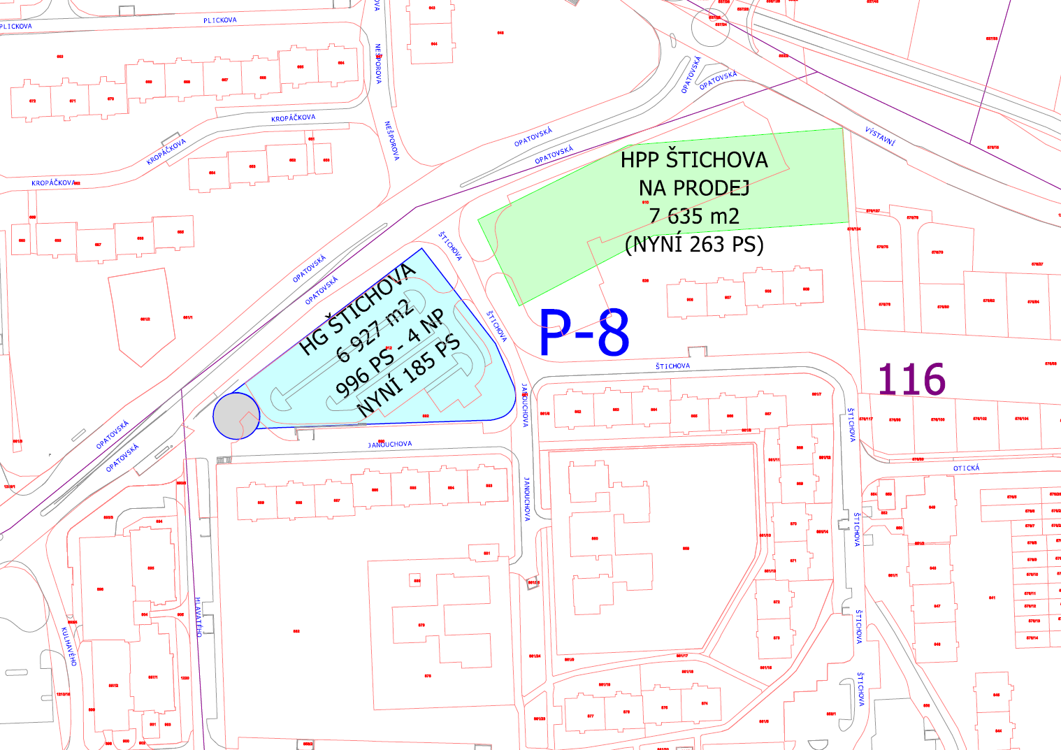 9.8 P 8: HG Štichova UO 116 9.8.3 Půdorys typického podlaží 9.8.1 Základní data Lokalita: Zastavěná plocha objektem hromadných garáţí: Počet parkovacích stání v hromadných garáţích:*** Počet