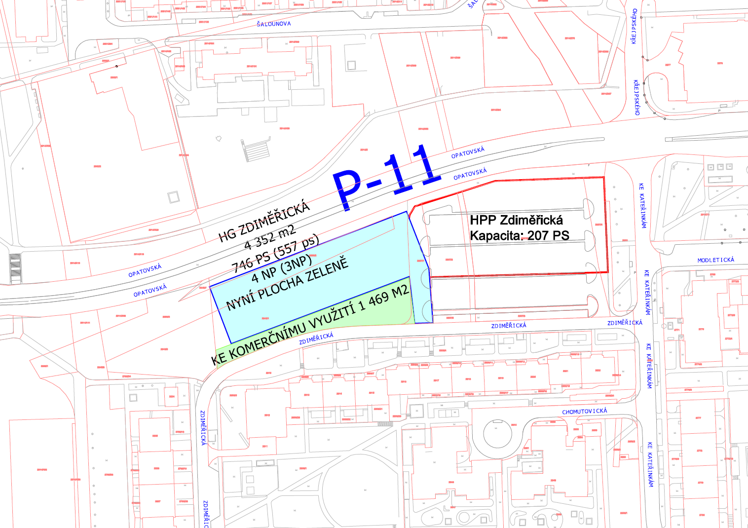 9.11 P 11: HG Zdiměřická UO 505 9.11.3 Půdorys typického podlaží 9.11.1 Základní data Lokalita: Zastavěná plocha objektem hromadných garáţí: Počet parkovacích stání v hromadných garáţích:*** Počet