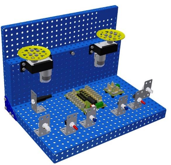 Proporciální řízení stejnosměrných motorů 1x MERKUR board - advanced PICAXE, 1x Bridge 2x1A, 2x tlačítko, 2x přepínač, 2x potenciometr, 2x stejnosměrný motor Tento experiment je zaměřen na seznámení