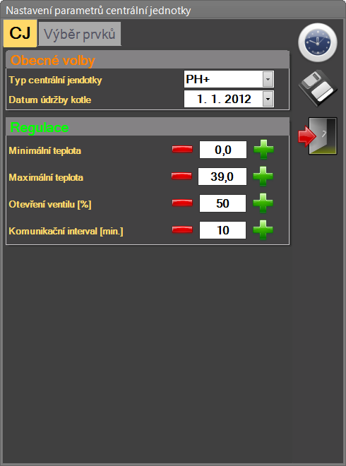 Nastavení parametrů centrální jednotky Obecné volby: - volba typu CJ PH+ nebo PH- - datum údržby kotle nastavení data pravidelné údržby kotle Regulace: -nastavení minimální teploty systému 3 C 10 C.