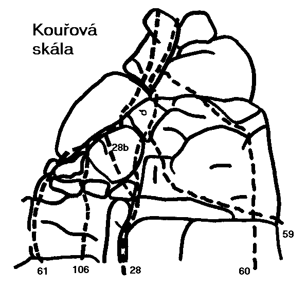 Ottův kámen Dva skalní bloky ve svahu nad sebou. 87.+Plotýnky.+ Středem plotny (nýt) vzhůru. IV 104.Jemná hrana. + VI 18.Ottův převis.