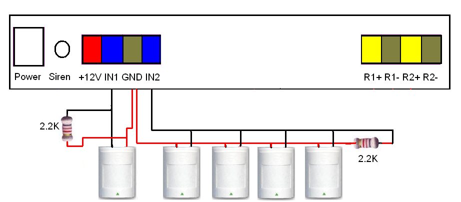 Obrázek 5: Zapojení externích detektorů typu NC s využitím zapojení EOL. Obrázek 6: Zapojení externích detektorů typu NO s využitím zapojení EOL.