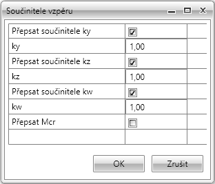 Uživatelská příručka IDEA Frame 107 10.4.1. Hromadné zadání vzpěrných délek Některé údaje o součinitelích vzpěrných délek lze zadat hromadně buďto na všechny prvky v návrhové skupině nebo na celou konstrukci.