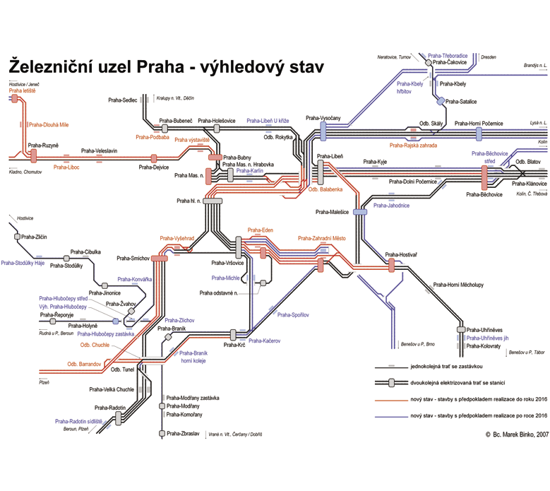 Obr. 5. Železniční uzel Praha výhledový stav Problematika zastávek a přestupních terminálů je dlouhodobě nedostatečně řešená.