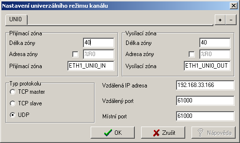 2.5. Režim UNI - obecný uživatelský kanál Obr.2.5.3 Nastavení parametrů režimu UNI pro rozhraní Ethernet Význam a možnosti nastavení jednotlivých položek pro jedno spojení jsou následující: Přijímací
