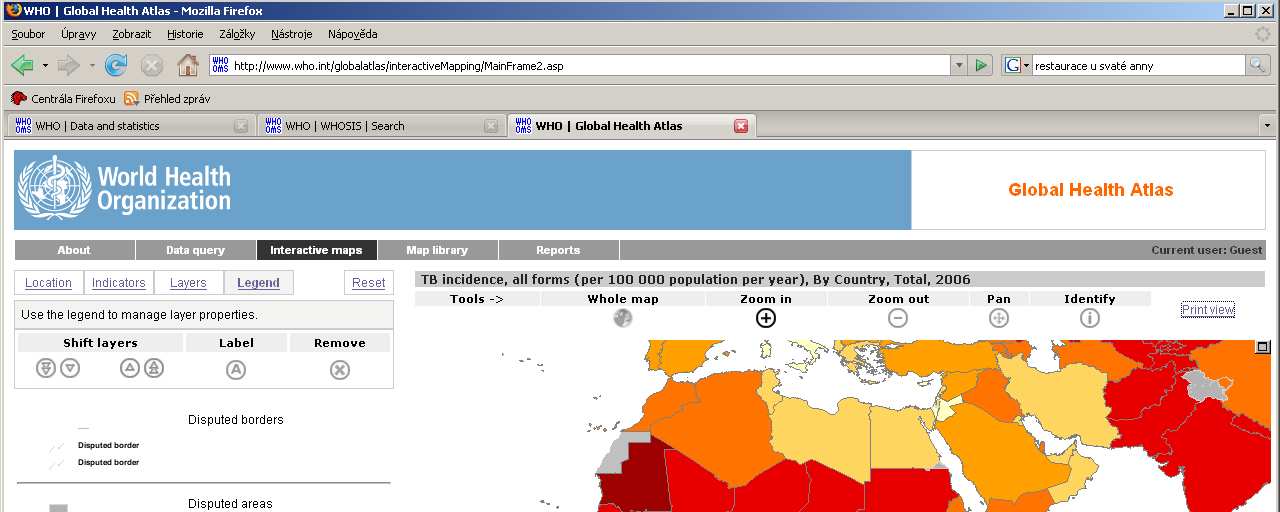 Obr. 2 Prostředí interaktivního atlasu WHO - Global Health Atlas. Interaktivita je zajištěna možnostmi výběru zobrazované charakteristiky a území, zoomováním území, nastavením popisků.