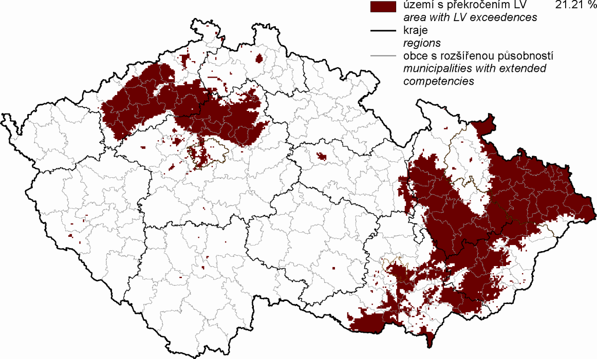 % VYHODNOCENÍ INDIKÁTORU Graf 1 Podíl území ČR a obyvatel ČR vystavených nadlimitní průměrné 24hodinové koncentraci suspendovaných částic PM 10 a nadlimitní roční průměrné koncentraci BaP *%+, 2001