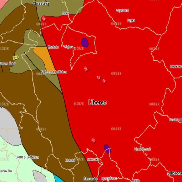 ÚP Liberec Dopracování vyhodnocení vlivů návrhu na ŽP Údaje o stavu ŽP v řešeném území Obek 7 Geologická mapa řešeného území Zdroj: 17 2.3.