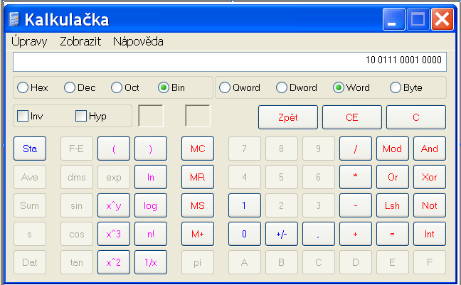 Využití věd. kalkulačky na PC pro operace s bin a hex.