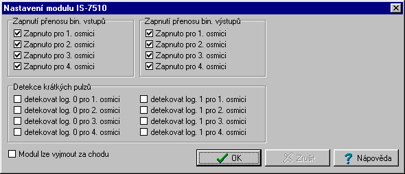 16. BINÁRNÍ VSTUPNĚ / VÝSTUPNÍ MODUL IS-7510 Obr. 16.3 SW nastavení modulu Zapnutí přenosu binárních vstupů Zaškrtnutím volby Zapnuto pro n.