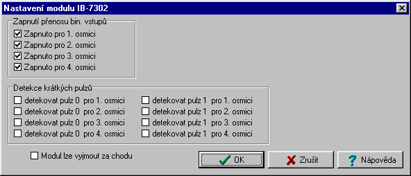 Binární moduly TC700 4.9 NASTAVENI MODULU Pro správný provoz modulu je nutné v rámci deklarace modulu provést jeho SW nastavení. Aktivace obsluhy binárních vstupů se provádí po osmicích vstupů.