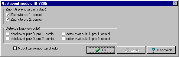 Binární moduly TC700 6.9 NASTAVENÍ MODULU Pro správný provoz modulu je nutné v rámci deklarace modulu provést jeho SW nastavení. Aktivace obsluhy binárních vstupů se provádí po osmicích vstupů.