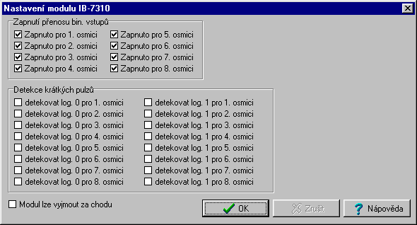 7. BINÁRNÍ VSTUPNÍ MODUL IB-7310 Obr. 7.3 SW nastavení modulu Zapnutí přenosu binárních vstupů Zaškrtnutím volby Zapnuto pro n.