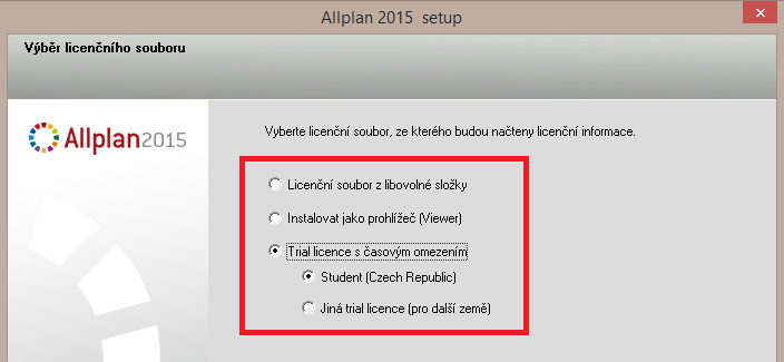 Allplan 2015 - Instalace studentské verze Allplan si nainstalujte nejprve s Trial licencí. Potom si vyžádejte vlastní studentskou licenci, která Vám umožní používat program po dobu jednoho roku.