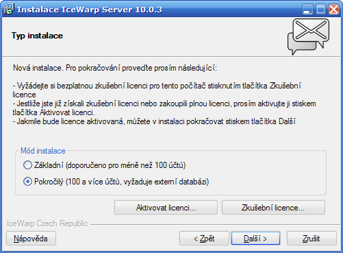 Průběh a dokončení instalace 11 Výběr databáze Na této obrazovce vybíráte, jaký typ databáze bude IceWarp Server používat. Základní instalace použije databázi SQLite bez nutnosti další konfigurace.