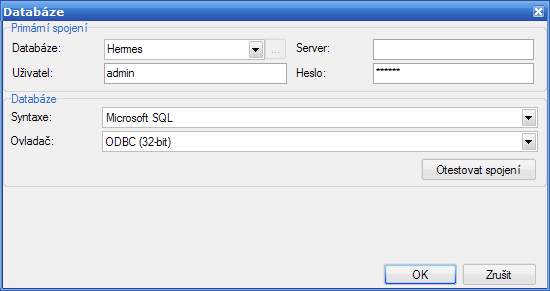 12 Instalační příručka Otevře se dialog Databáze, kde byste měli zadat údaje pro připojení k databázi. Následující obrázek ukazuje příklad nastavení pro MS SQL.