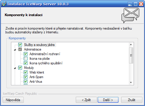 Průběh a dokončení instalace 13 Zde můžete vybrat, jaké komponenty budou nainstalovány, Ve výchozím