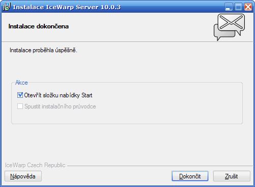 16 Instalační příručka V této chvíli můžete zvolit Otevřít složku nabídky start pro zobrazení nově přidaných položek do nabídky Start po skončení instalace.