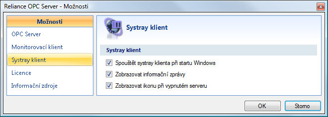 Monitorovací klient Reliance OPC Server Možnosti Monitorovací klient c) Systray klient V této části je možné upravit nastavení pro Systray klienta.