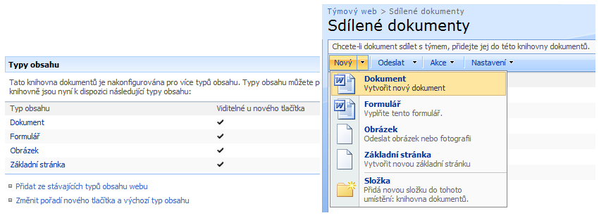 19 Spolupráce Další věcí, kterou velmi často uživatelé potřebují, je možnost mít v jedné knihovně dokumentů více šablon dokumentů. Proto SharePoint nabízí funkci, kterou nazývá Typy obsahu.