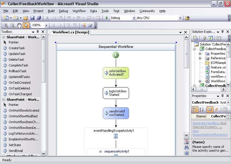 workflow designera do prostředí Visual Studia.NET jak je vidět na obrázku.